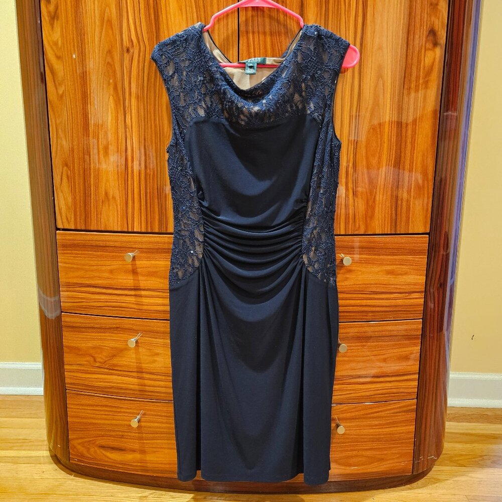 Lauren Ralph Lauren Navy Blue Dress Stretch Cocktail Lace Long Sleeve, size 10